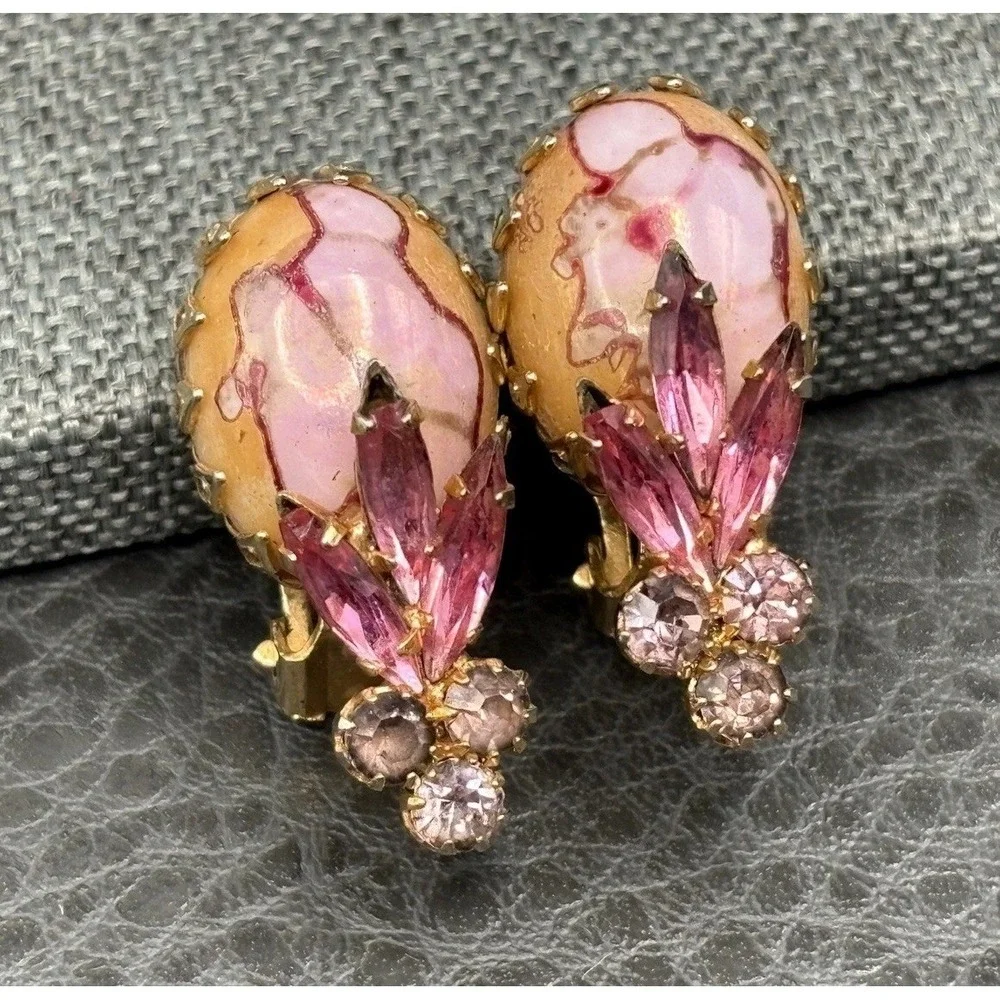 Vintage Dragon Egg Marble Pink Cabochon Crystal Rhinestone Clip Earrings READ